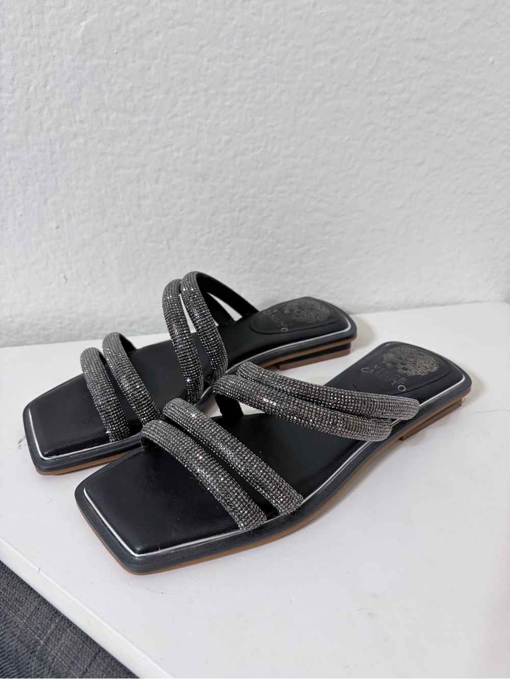 Vince Camuto Black Crystal-Strap Slide Sandals